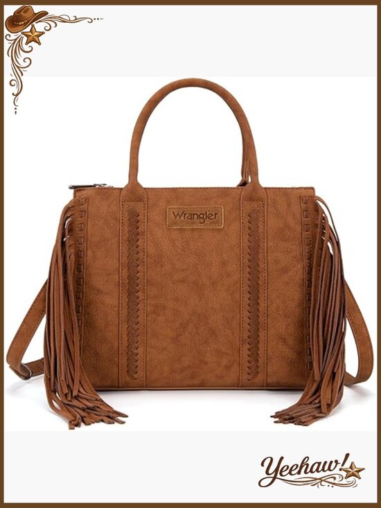 Handbags - Western Fringe Tote Bag with Functional Pockets Cowgirl Style